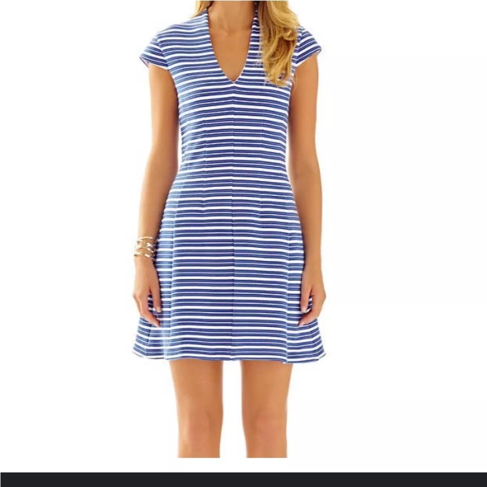 Lilly Pulitzer Briana Blue Striped A-Line V-Neck Lined Dress Summer 12360 #L35